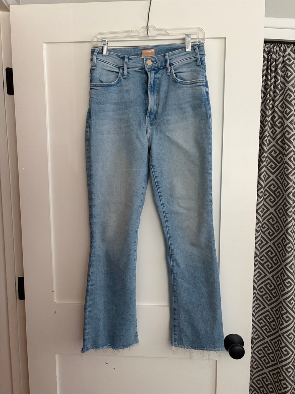 MOTHER The Hustler Ankle Fray Light Blue High-Rise Flare Jeans with Raw Hem